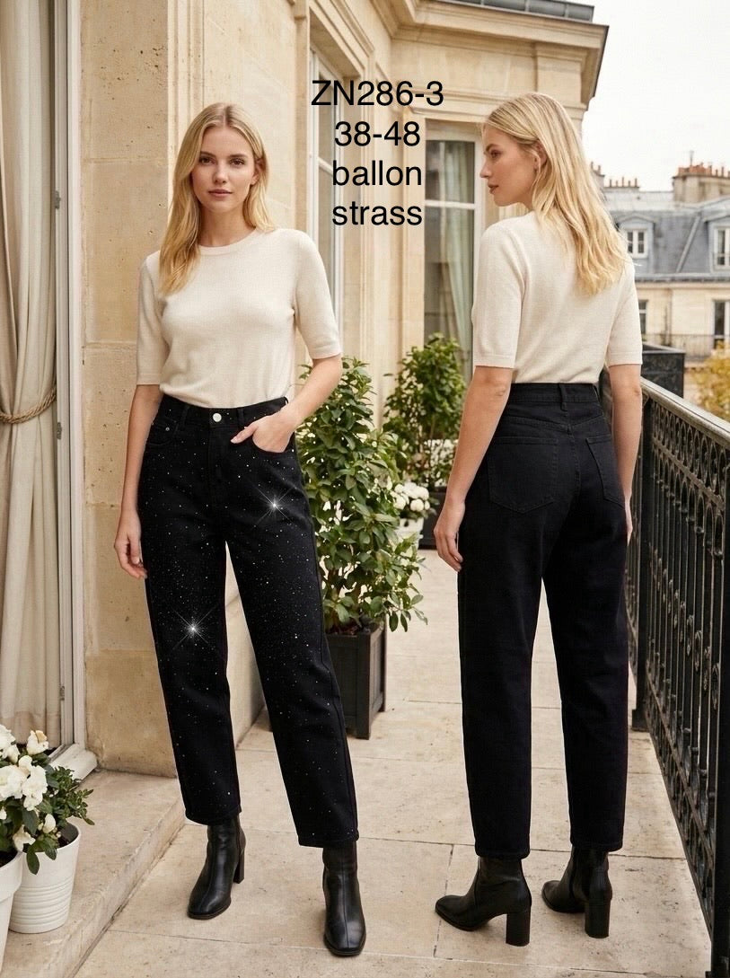 Jean ballon noir strass